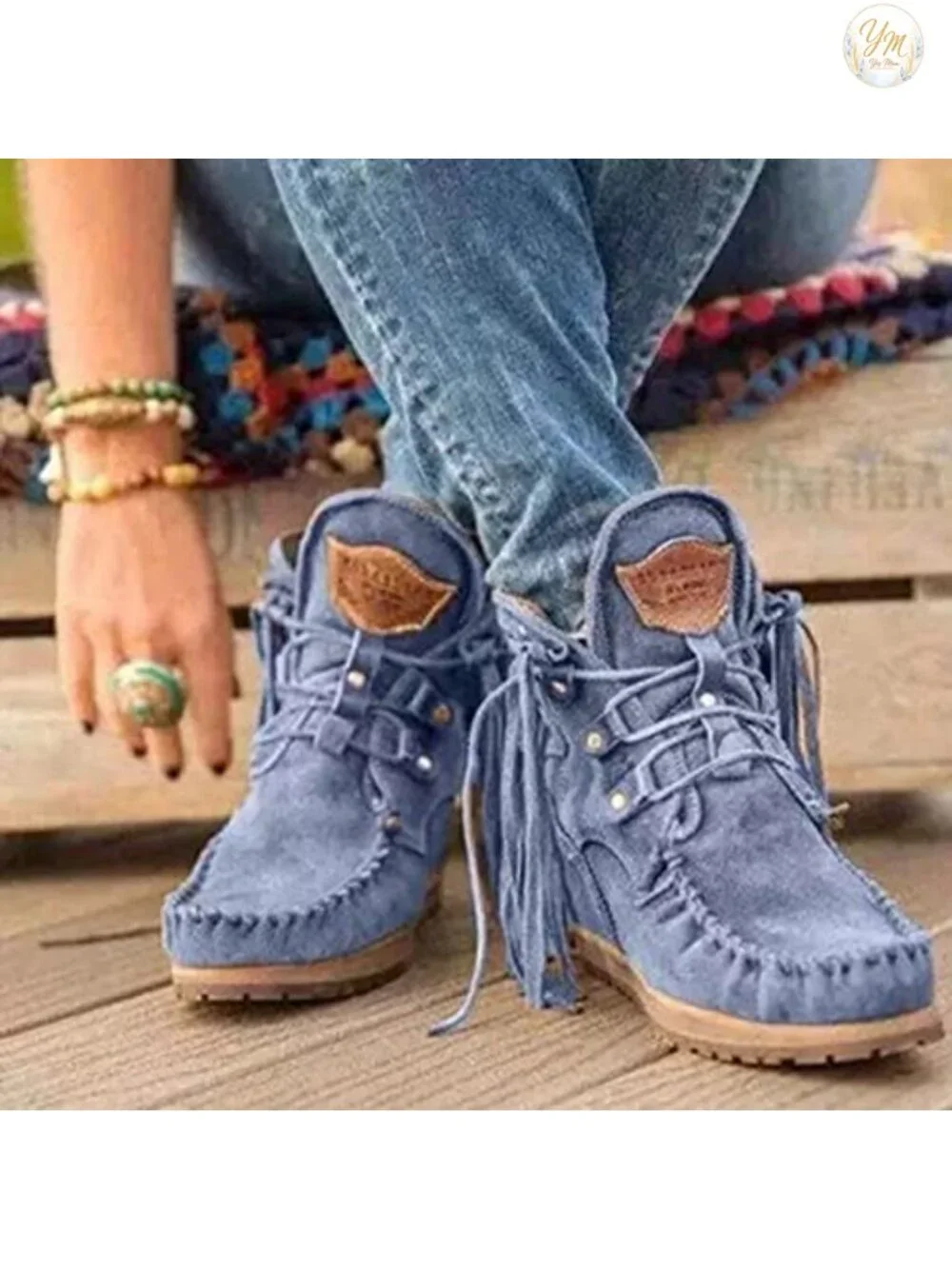 Women's Vintage Fringed Ankle Boots Faux Suede Comfy Round Toe Hippie Mocc